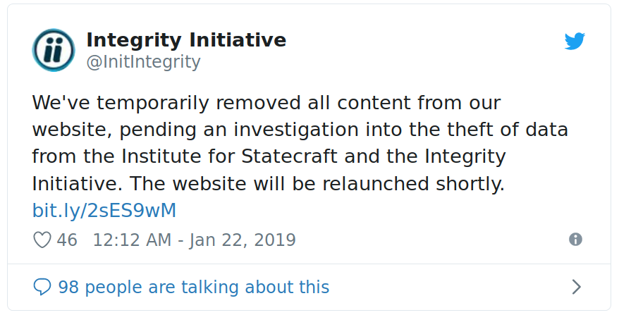 Integrity Initiative cover up tweet of 22 January 2019.png