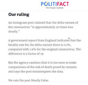 Politifact mostly false that the delta variant is approximately 19 times less deadly.png