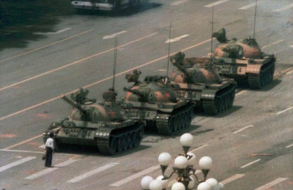 Tank Man's iconic resistance to the violence of the the Chinese communist government, on July 4th, 1989, the day after tanks had crushed non-violent demonstrators nearby.