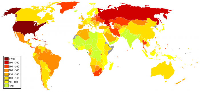Prisoner population rate world 2012 map.png
