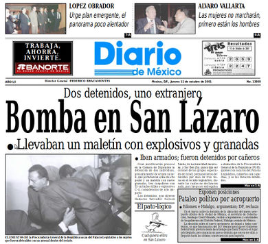 "Bomb in San Lázaro", the cover of an 11 October 2001 report by Diario de Mexico