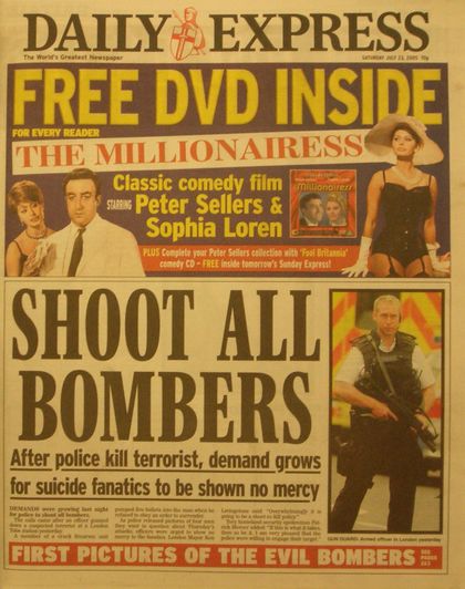 A headline about the killing of Jean Charles de Menezes, whose murder the UK Police tried to cover-up