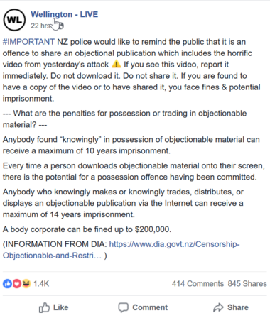 The New Zealand Police were apparently keen to suppress sharing of videos of the event