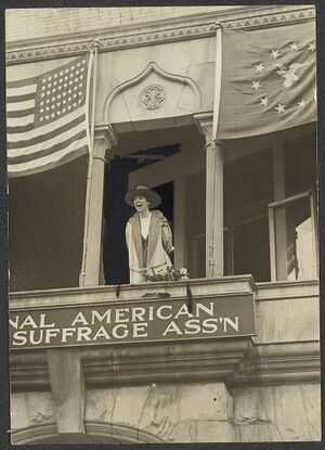 Miss Jeannette Rankin, of Montana, speaking from the balcony of the National American Woman Suffrage Association, Monday, April 2, 1917. LOC.jpg