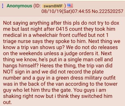 At least one commentator, who reportedly posted 10 minutes before Epstein's death had been announced, was suggesting a body swap had taken place.[16]